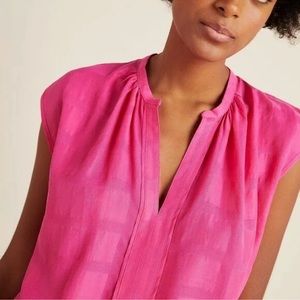 Anthro The Odells pink rose split v neck lightweight boxy tunic plaid top